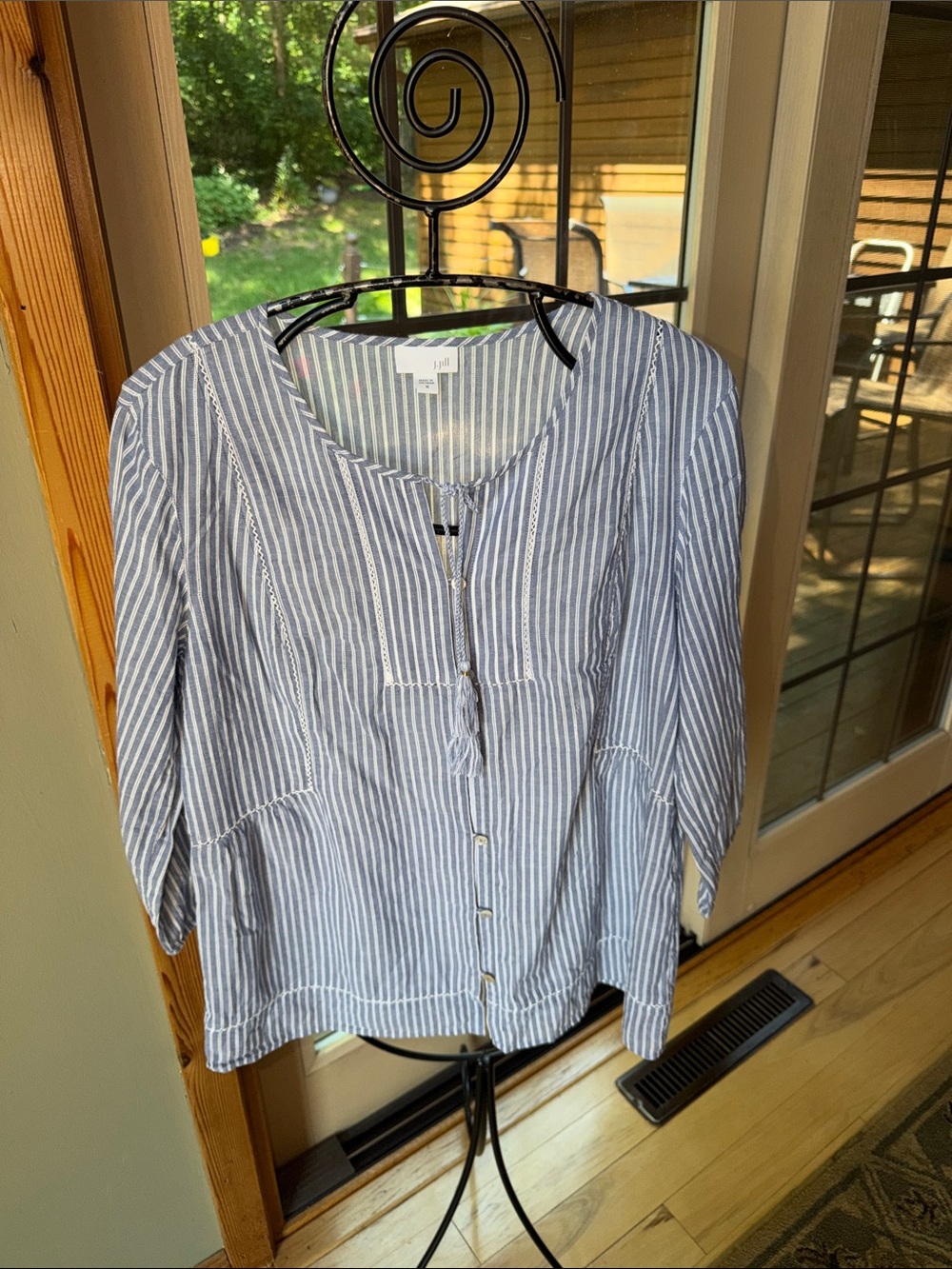 J, Jill Lightweight Blue/White Striped Peasant Style Tunic w Tassel Toe Sz M